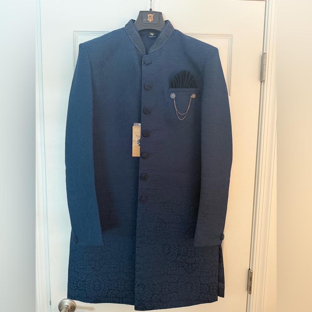 Men's Navy Blue Designer Kurta with Pocket Chain
